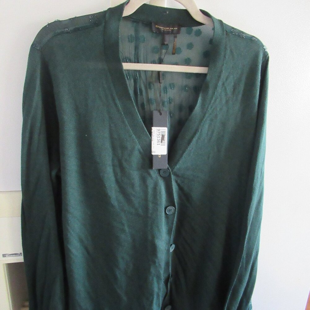 Donna Karan  new rare artsy button  Green Cardigan Sweater m